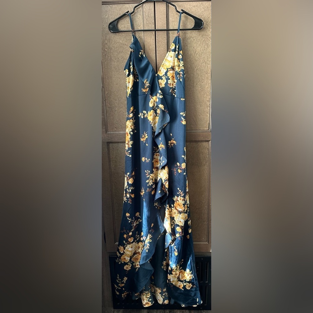 Vici Capriccio Whimsical Boho Satin Floral Ruffle Maxi Dress Size S
